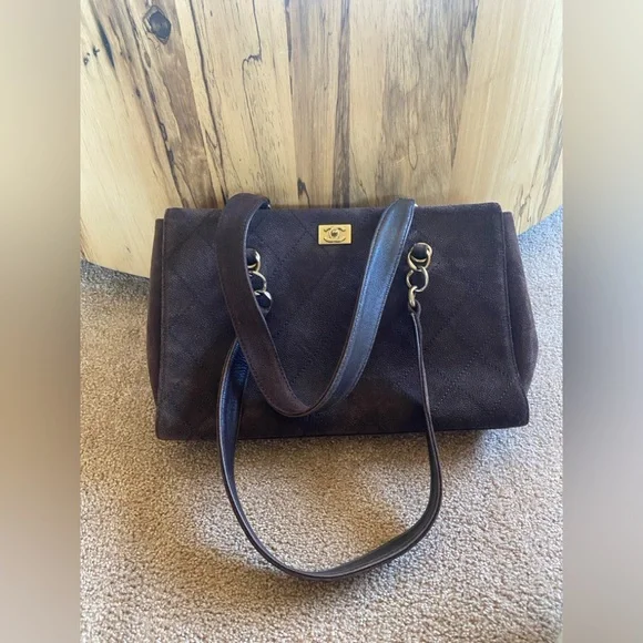 RARE~Chanel Suede Calfskin Antique Gold Metal Brown Shoulder Bag - Picture 7 of 10